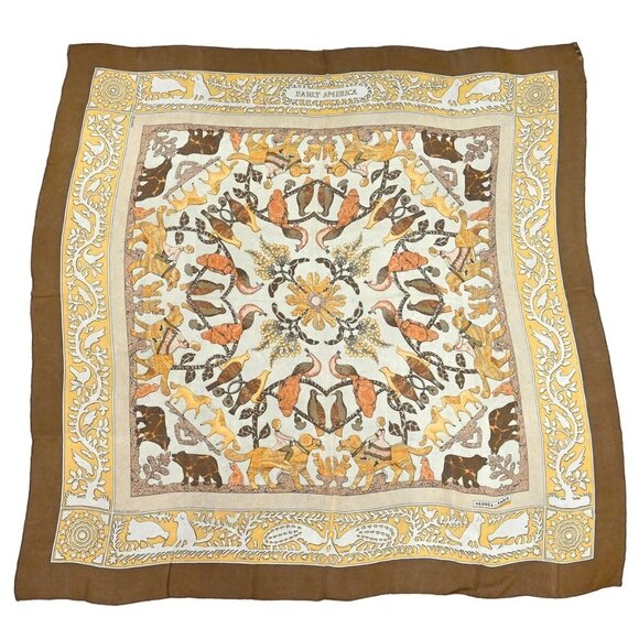 Hermes Scarf Carre 90 Early America Brown Small Good 176521 - Picture 1 of 4